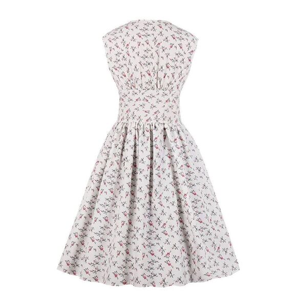 Vintage style Womens Sleeveless Button Front Shirred Dress White Floral Sz L - Picture 2 of 9